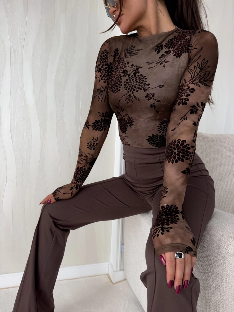 Bluzka SKIN IV transparent print flock – czekoladowa C18530