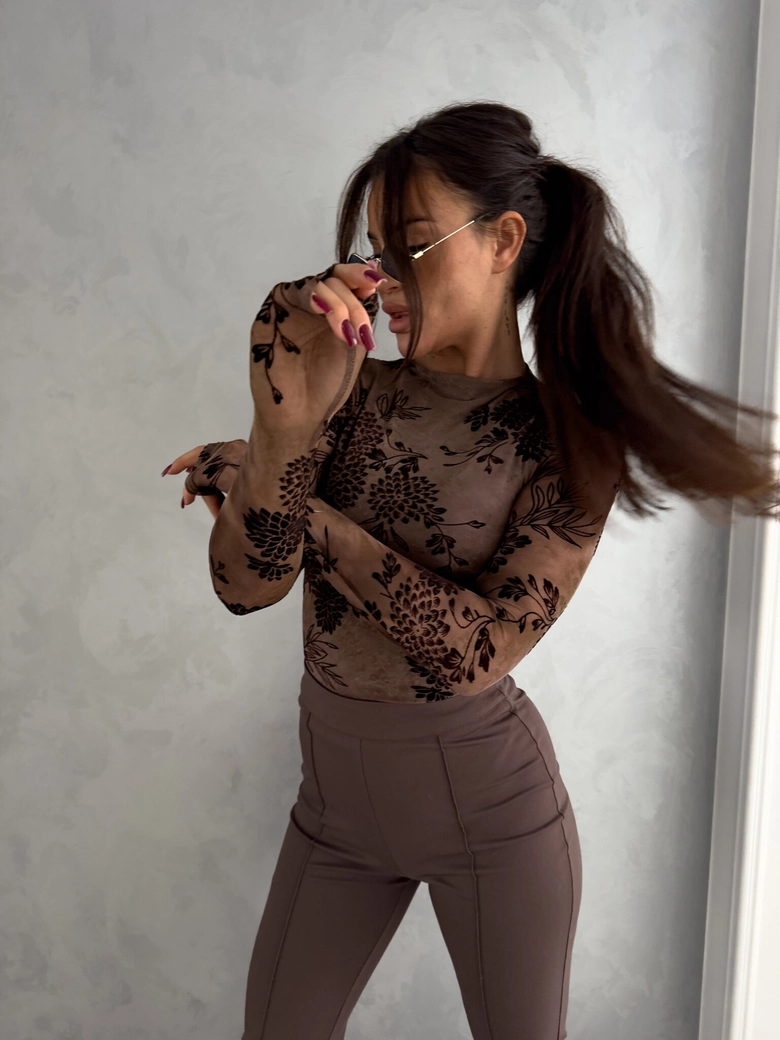 Bluzka SKIN IV transparent print flock – czekoladowa C18530