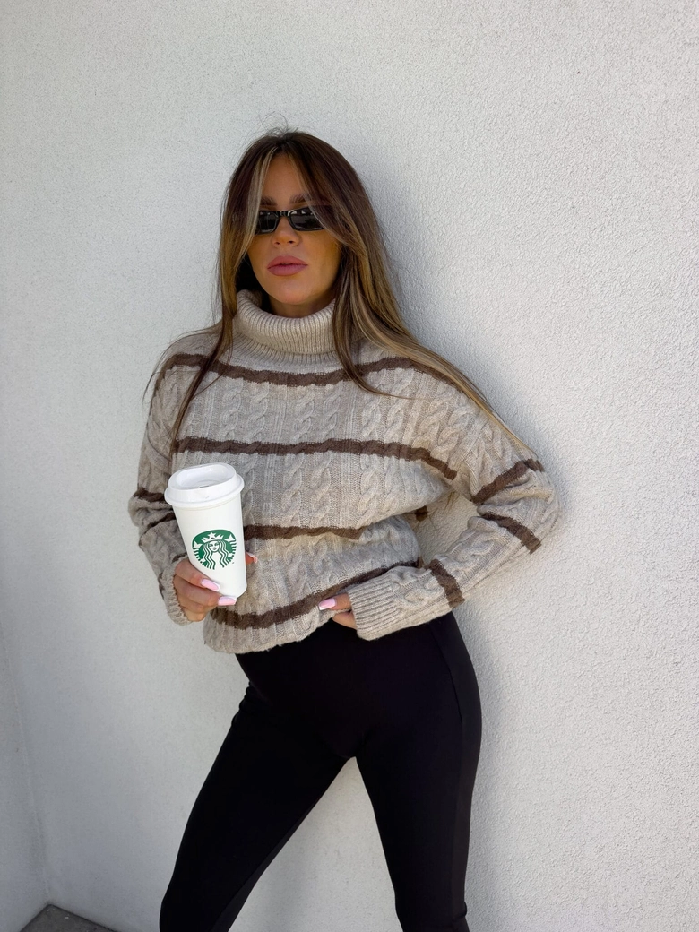 Sweter golf INKO pasy - beżowo-czekoladowe