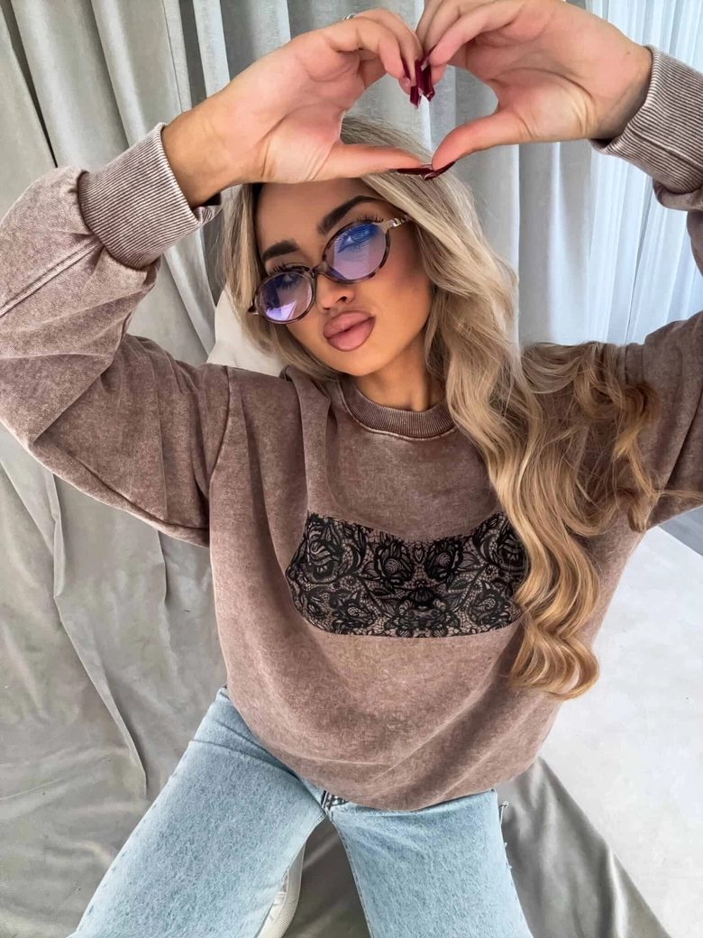 Dekatyzowana bluza KORONKA - ciemny beż