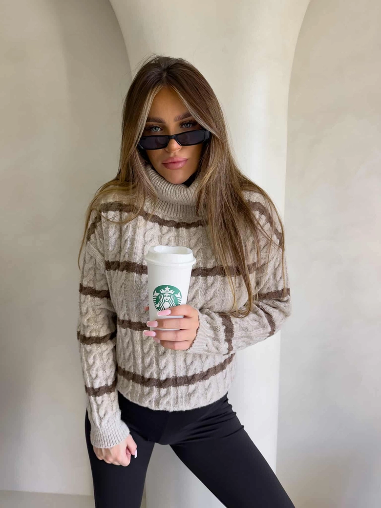 Sweter golf INKO pasy - beżowo-czekoladowe