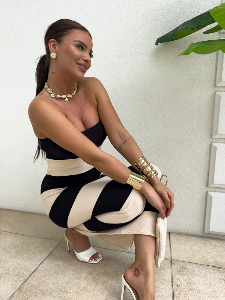 Sukienka SPAIN pasy - czarna-ecru