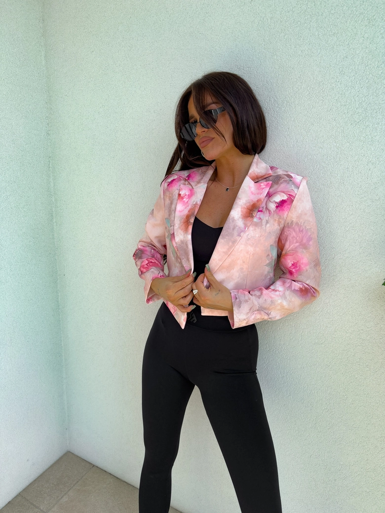 Marynarka SLIM print kwiaty - beżowo-różowe