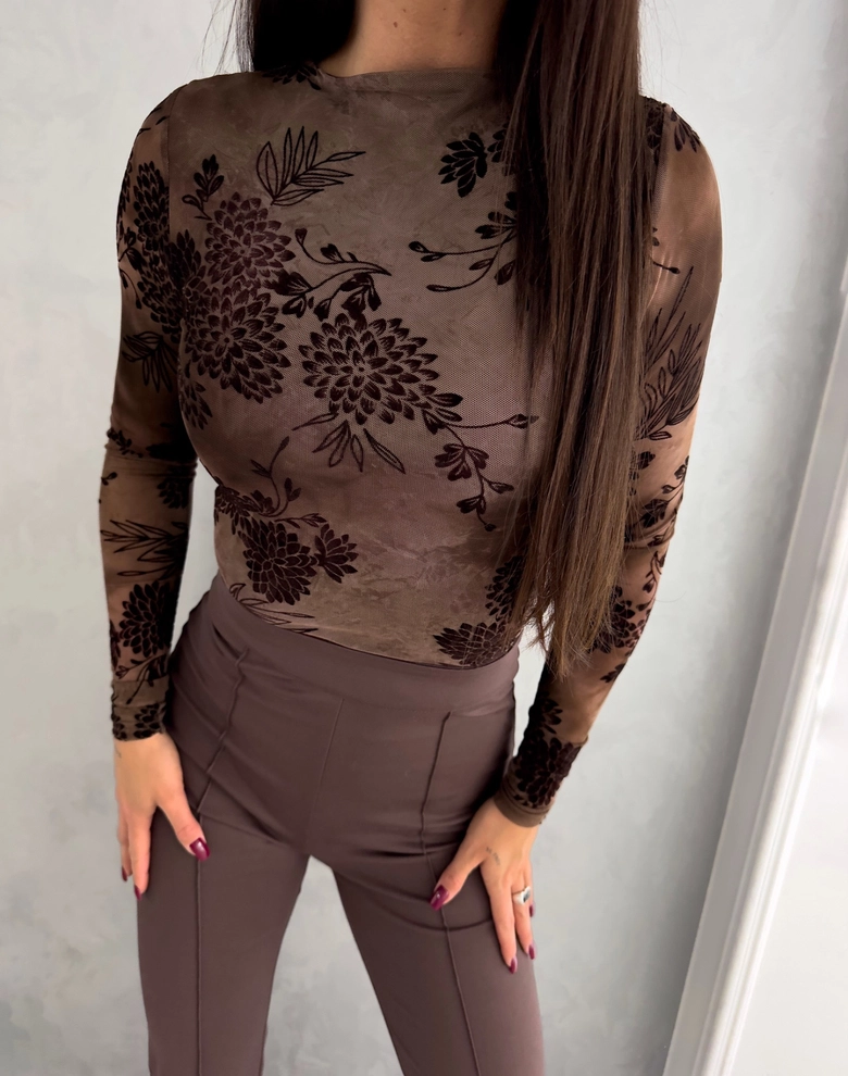 Bluzka SKIN IV transparent print flock – czekoladowa C18530
