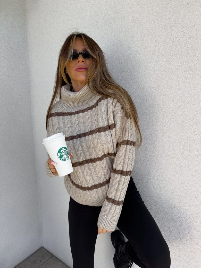 Sweter golf INKO pasy - beżowo-czekoladowe