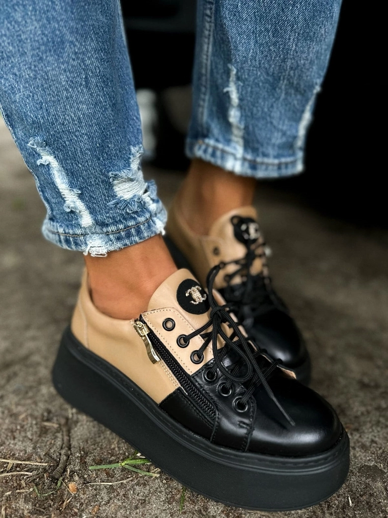 Sneakersy skórzane czarno beżowe Zip I594