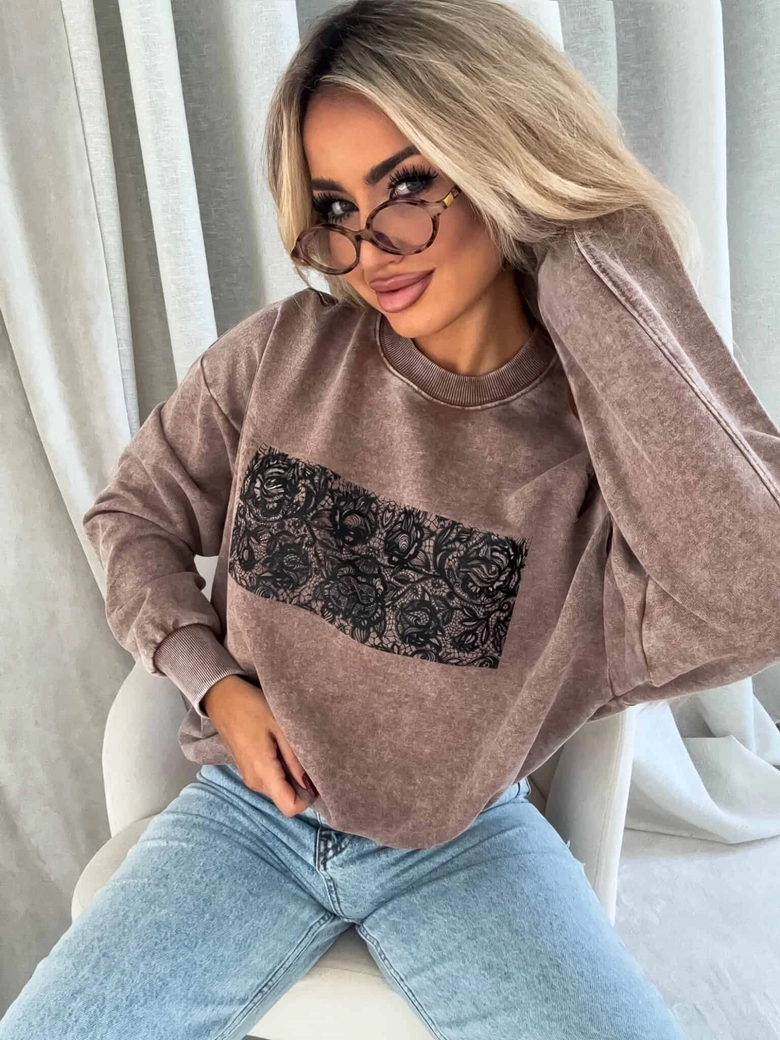 Dekatyzowana bluza KORONKA - ciemny beż