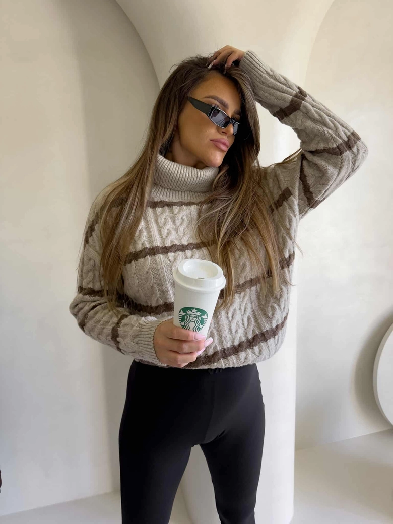 Sweter golf INKO pasy - beżowo-czekoladowe