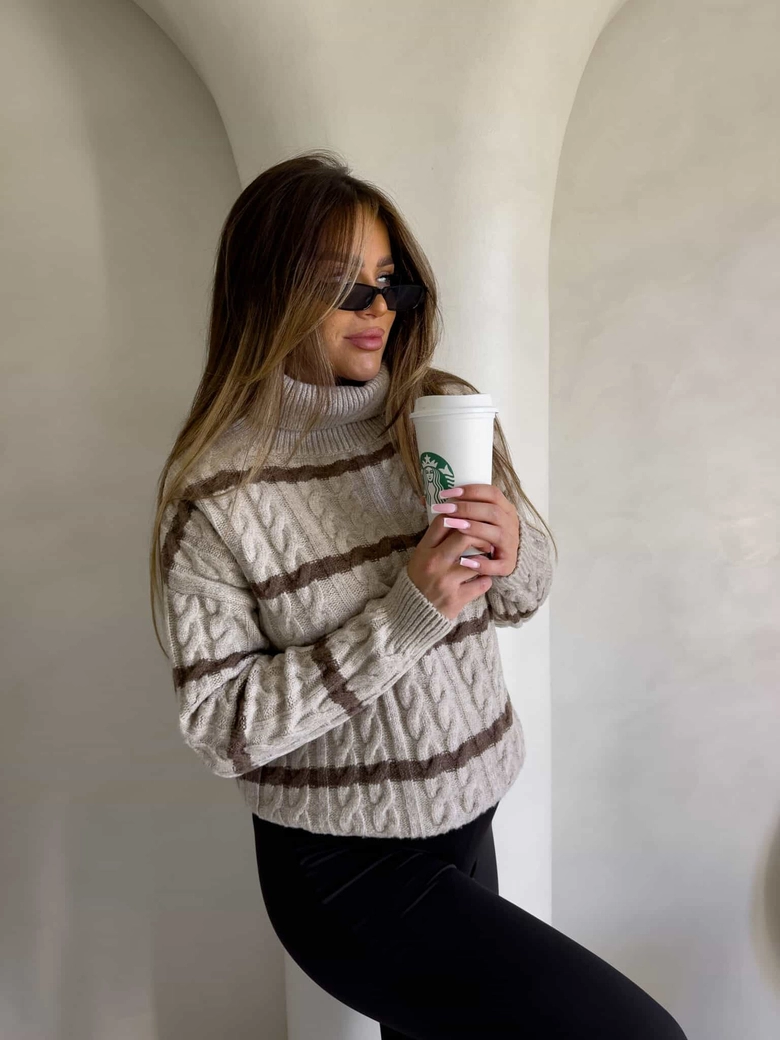 Sweter golf INKO pasy - beżowo-czekoladowe