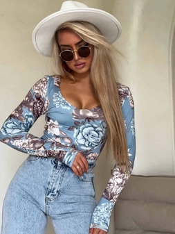 Bluzka VENEZIA print rose - jeansowa