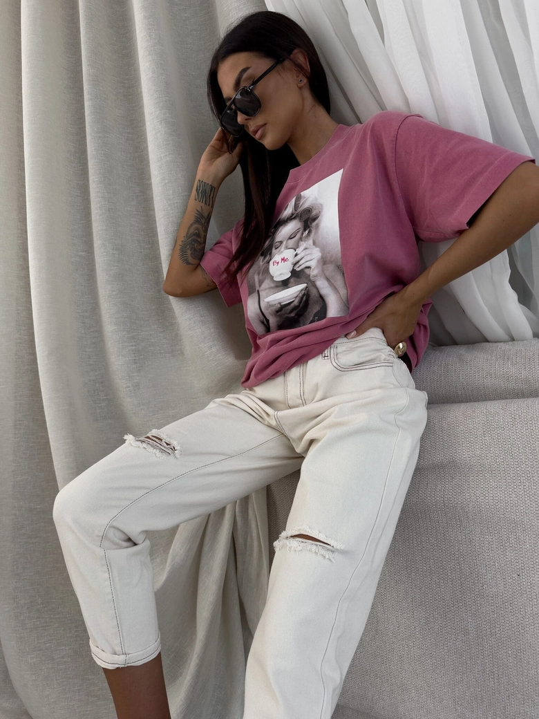 Dekatyzowany t-shirt ROLLER - brudny róż