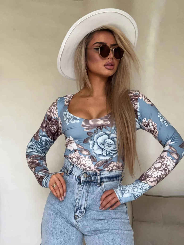 Bluzka VENEZIA print rose - jeansowa