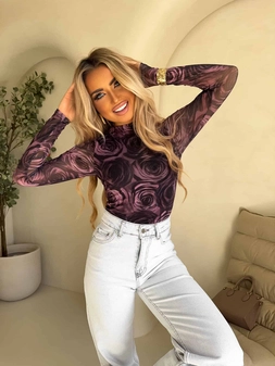 Bluzka SKIN transparent print rose – brudny róż