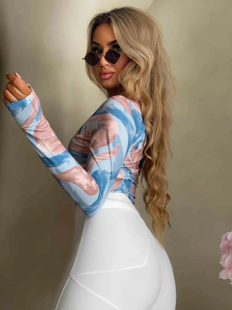 Bluzka LINDA print - niebiesko-beżowa