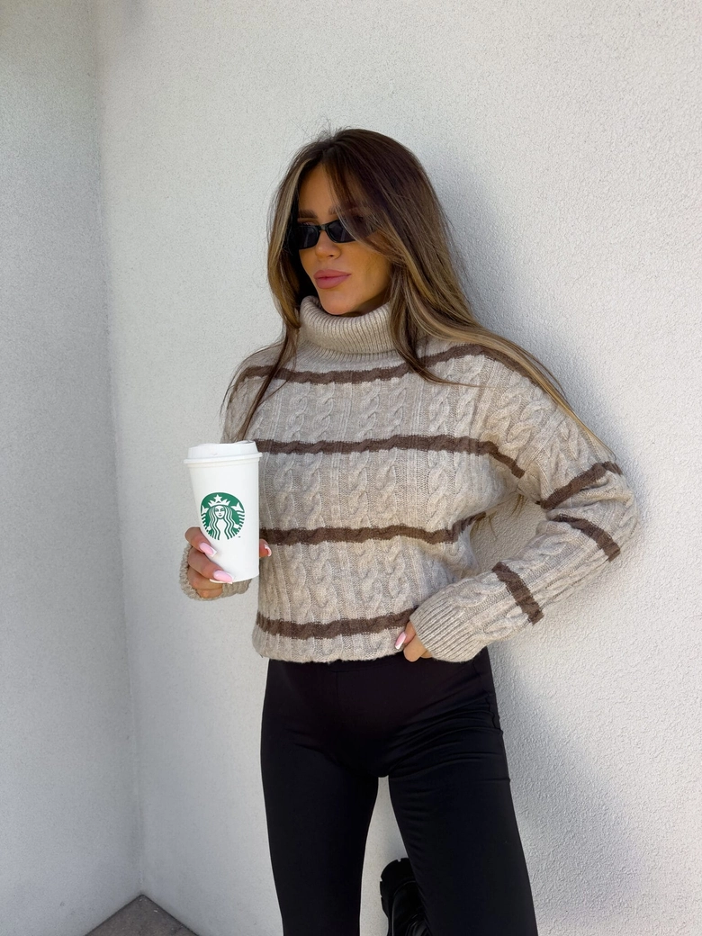 Sweter golf INKO pasy - beżowo-czekoladowe