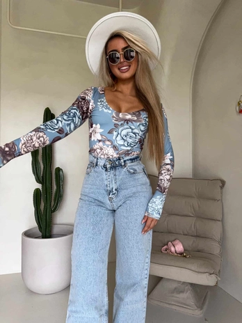 Bluzka VENEZIA print rose - jeansowa