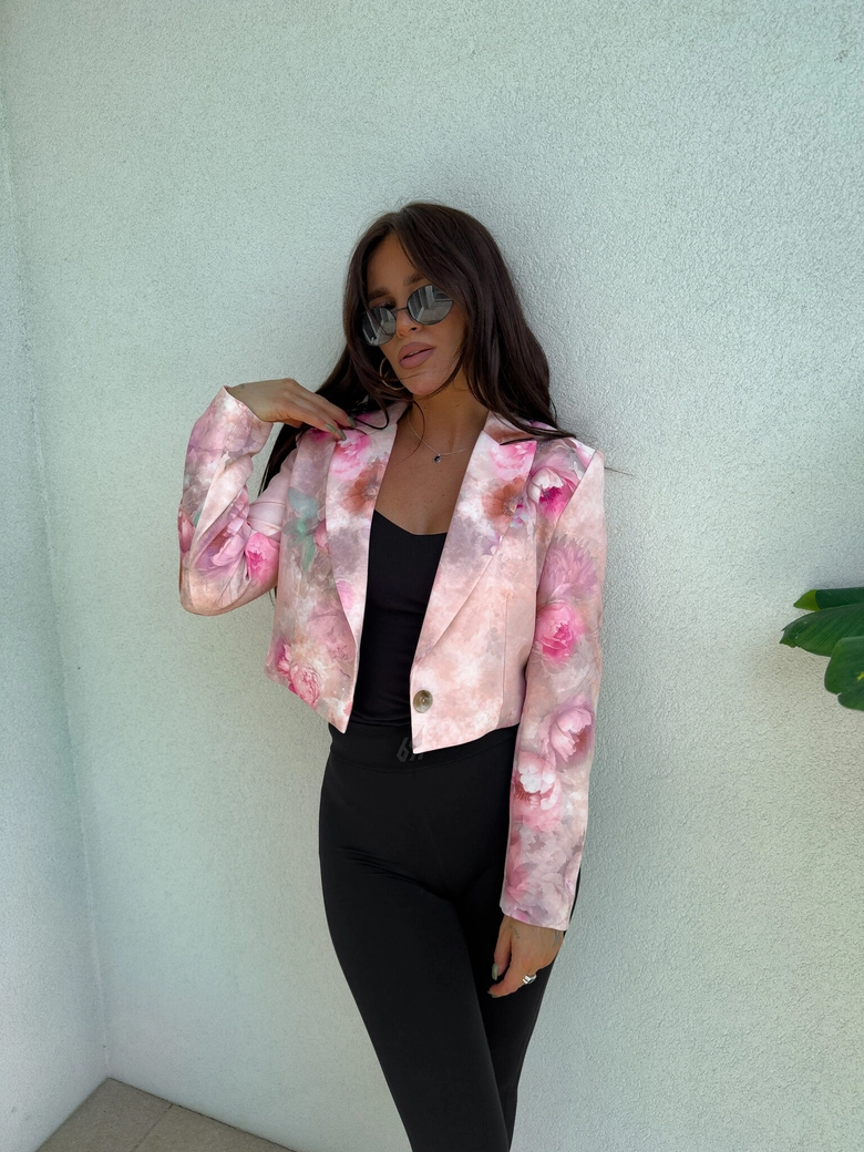 Marynarka SLIM print kwiaty - beżowo-różowe