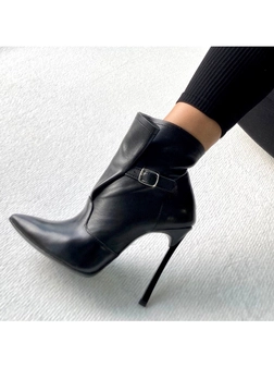 Botki na szpilce czarne z klamerką i szeroką cholewką I476