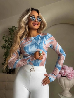 Bluzka LINDA print - niebiesko-beżowa