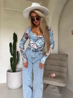 Bluzka VENEZIA print rose - jeansowa