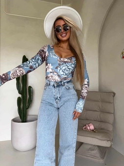 Bluzka VENEZIA print rose - jeansowa