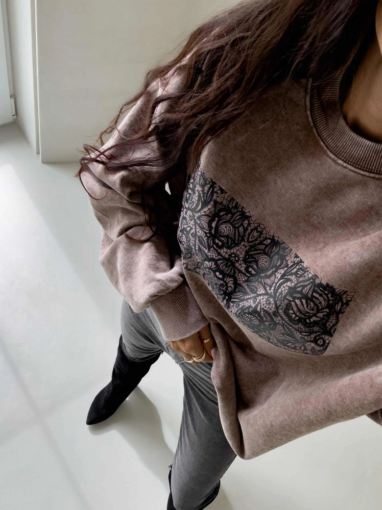 Dekatyzowana bluza KORONKA - ciemny beż