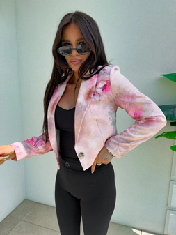 Marynarka SLIM print kwiaty - beżowo-różowe