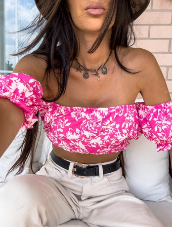 Bluzka Hiszpanka CARLITA print kwiaty - różowe