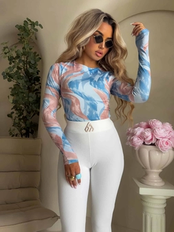 Bluzka LINDA print - niebiesko-beżowa