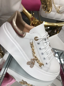 Sneakersy skórzane białe ze złotym łańcuszkiem Bear I555