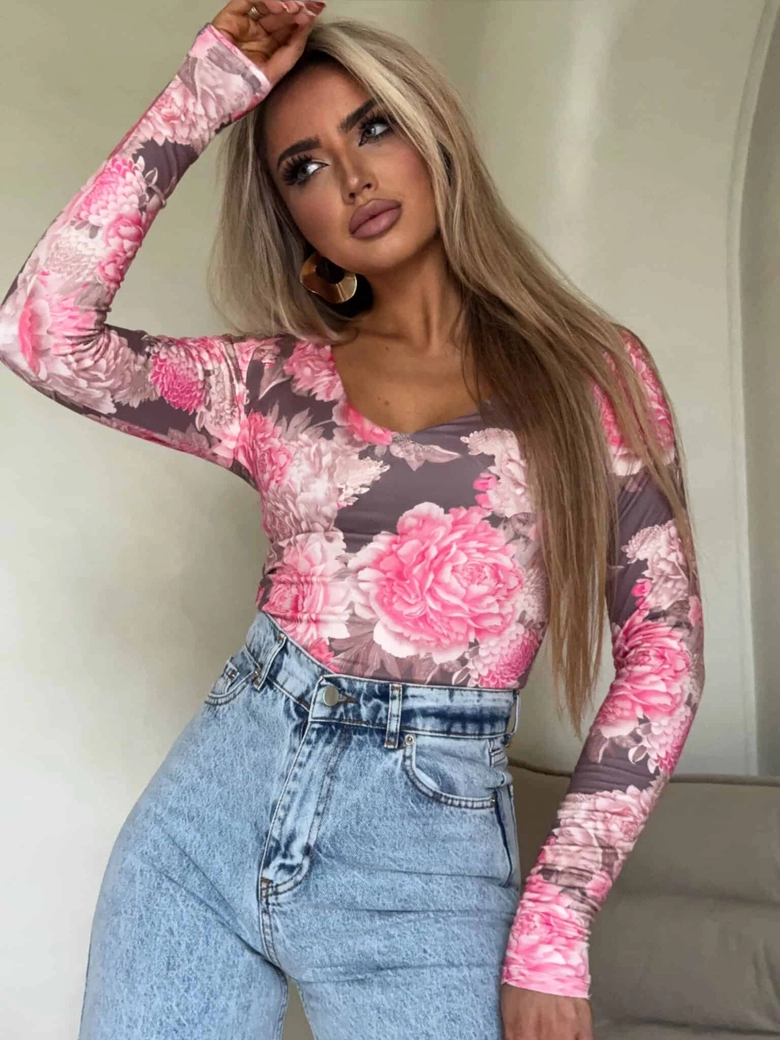 Bluzka VENEZIA print piwonia - mokka