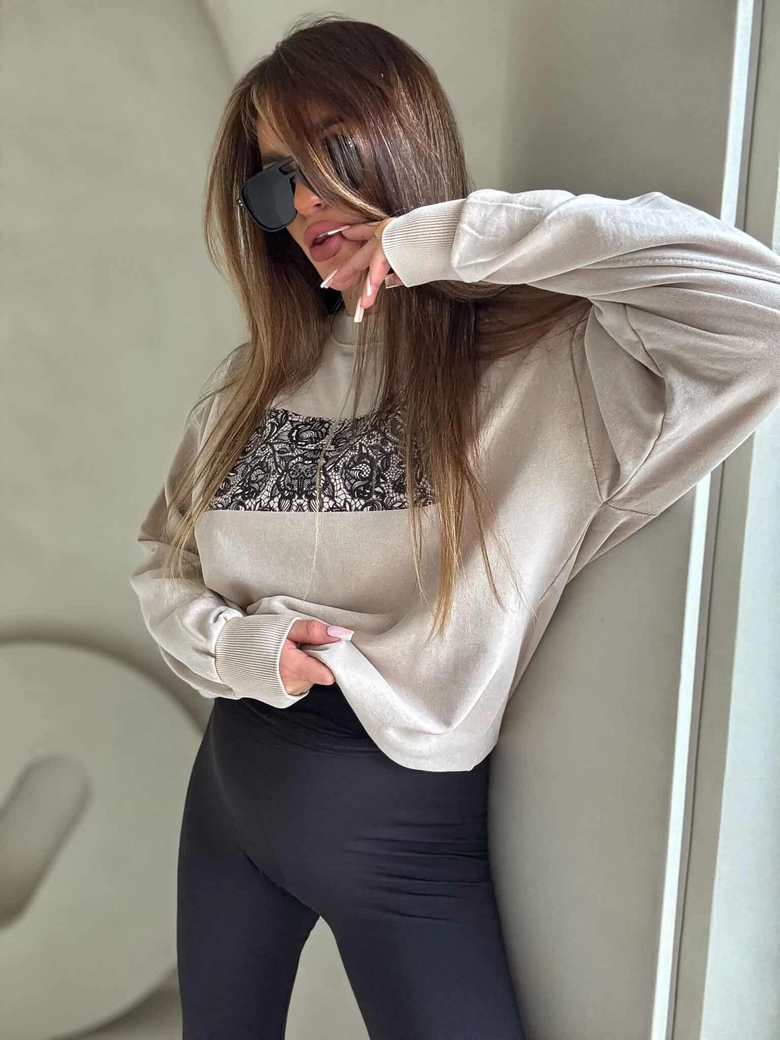 Dekatyzowana bluza KORONKA - jasny beż