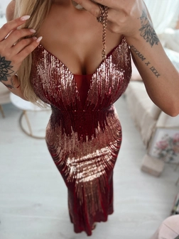 Sukienka długa bordowa na ramiączkach z szampańskimi i bordowymi cekinami A1531