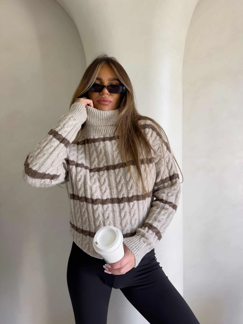 Sweter golf INKO pasy - beżowo-czekoladowe