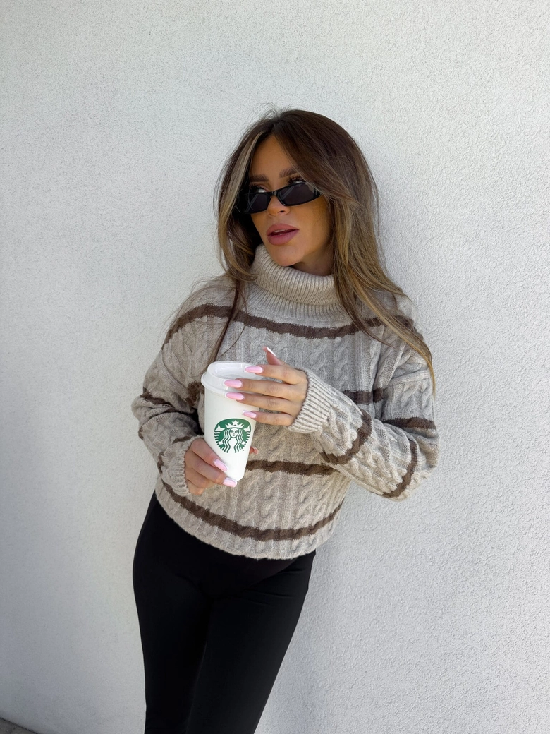 Sweter golf INKO pasy - beżowo-czekoladowe