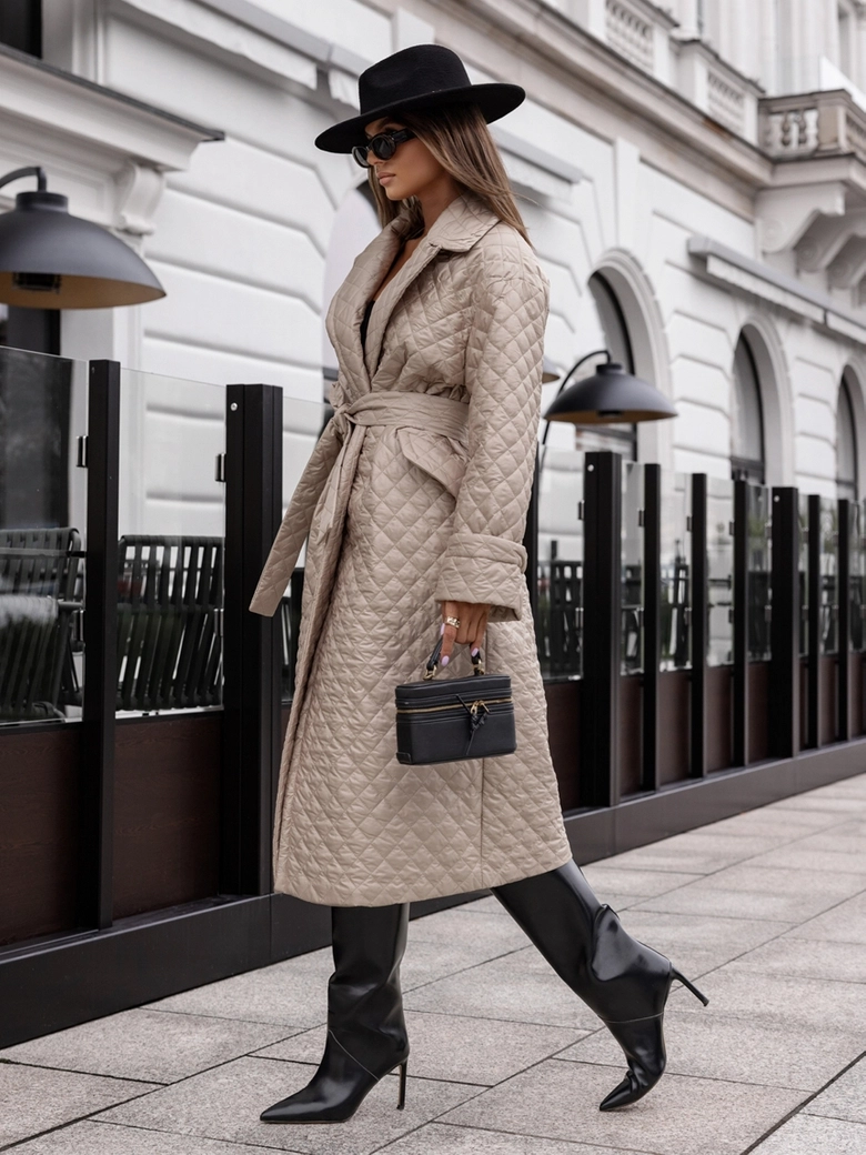 Płaszcz pikowany z paskiem beżowy Muray H17065