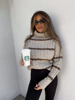 Sweter golf INKO pasy - beżowo-czekoladowe