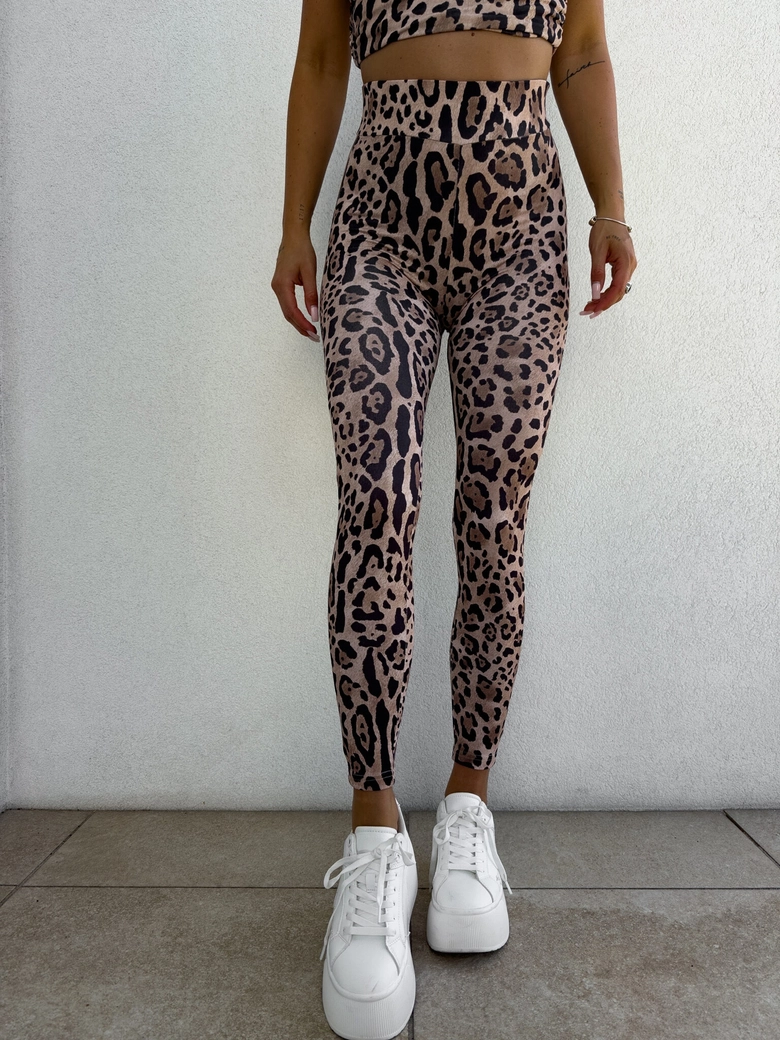 Legginsy GYM print pantera – beżowo-czarna