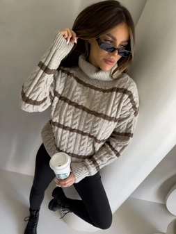 Sweter golf INKO pasy - beżowo-czekoladowe