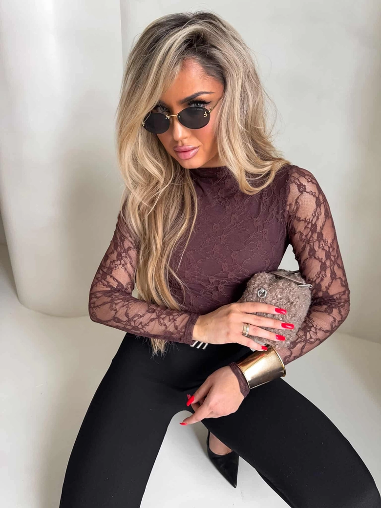 Bluzka SKIN IV transparent koronka - czekoladowa