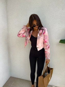 Marynarka SLIM print kwiaty - beżowo-różowe