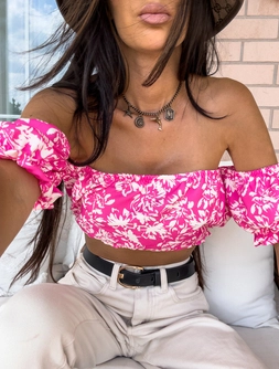 Bluzka Hiszpanka CARLITA print kwiaty - różowe