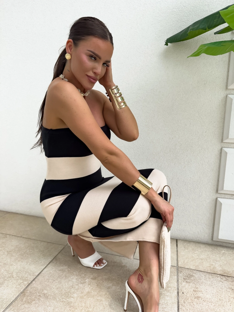 Sukienka SPAIN pasy - czarna-ecru