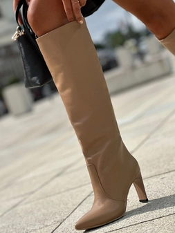 Kozaki na szpilce miodowe z naturalnej skóry licowej I600