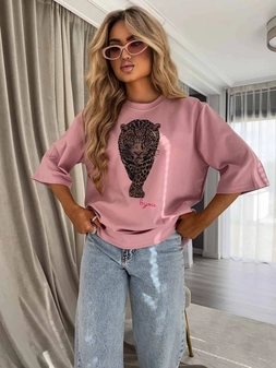 T-SHIRT MEDIUM TIGER - brudny róż