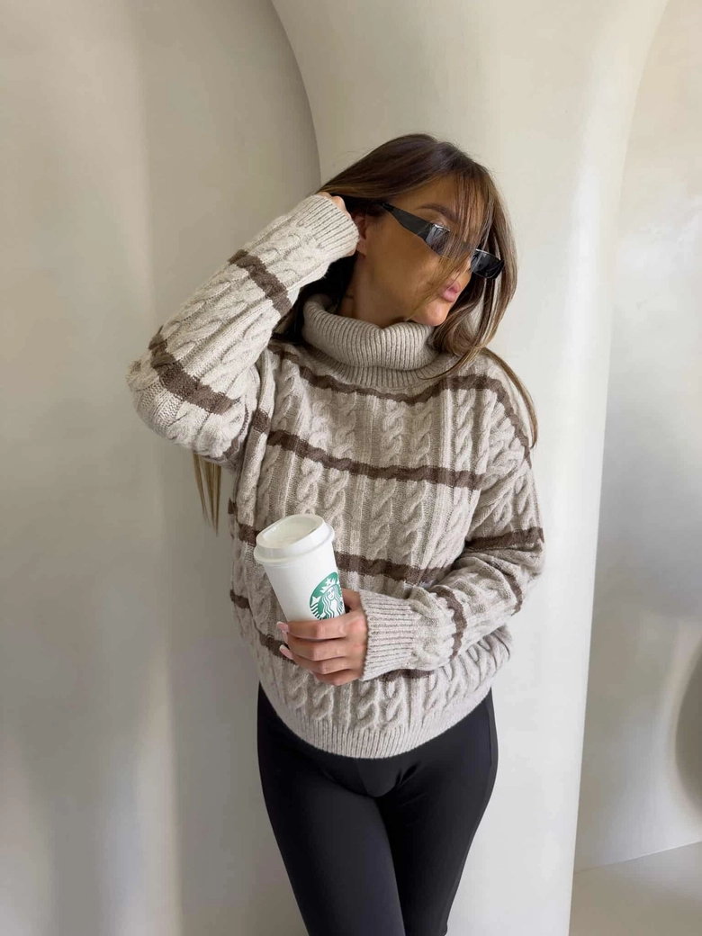 Sweter golf INKO pasy - beżowo-czekoladowe