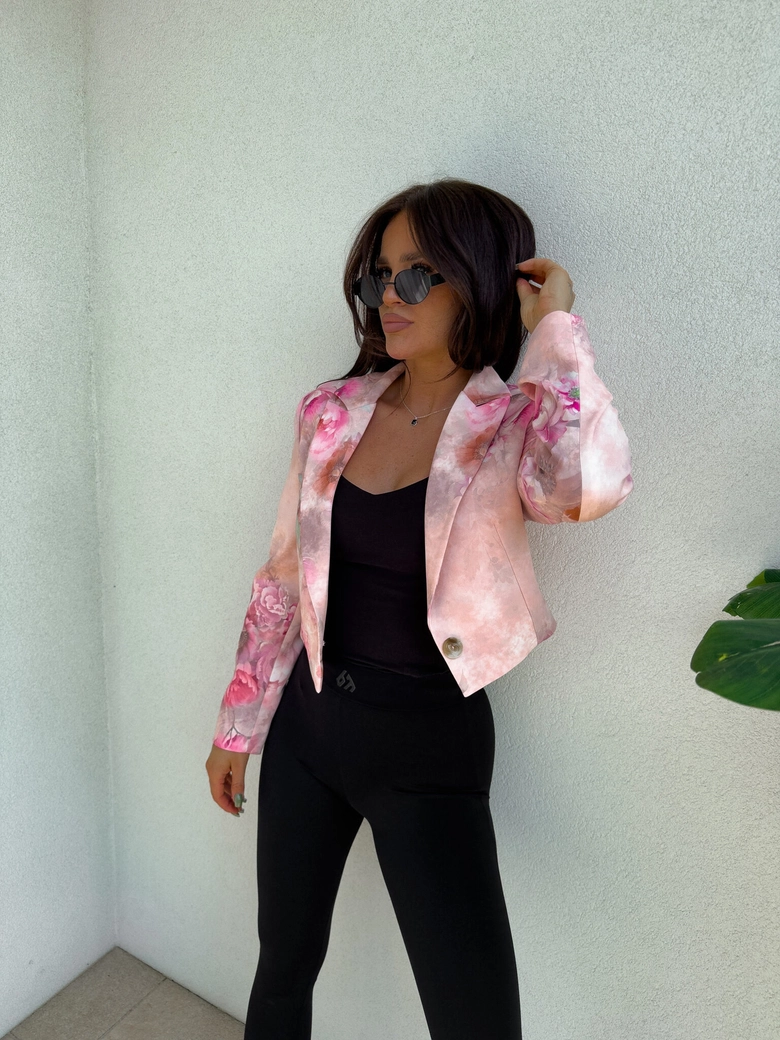 Marynarka SLIM print kwiaty - beżowo-różowe