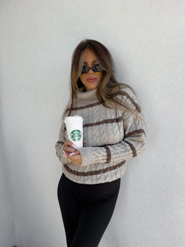 Sweter golf INKO pasy - beżowo-czekoladowe