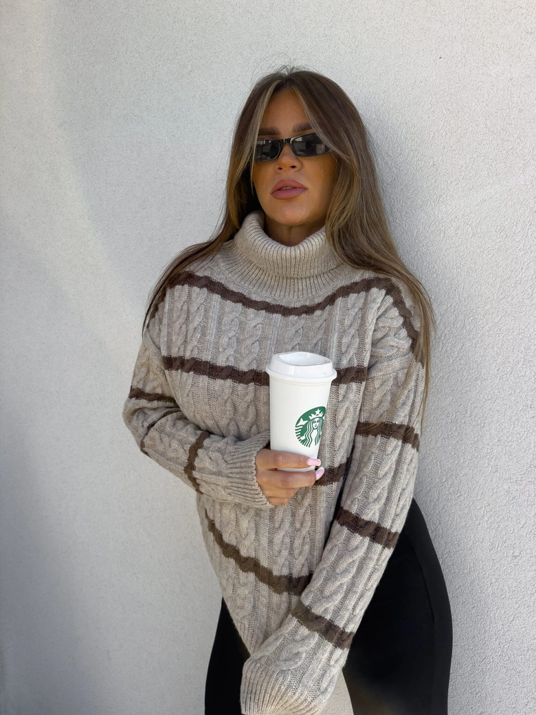 Sweter golf INKO pasy - beżowo-czekoladowe