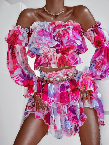 Komplet szyfonowy w róże top hiszpanka i spódniczka Marigold N299